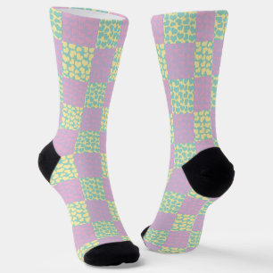 Chaussette à damiers Love-Pastel rose, jaune, violet et vert
