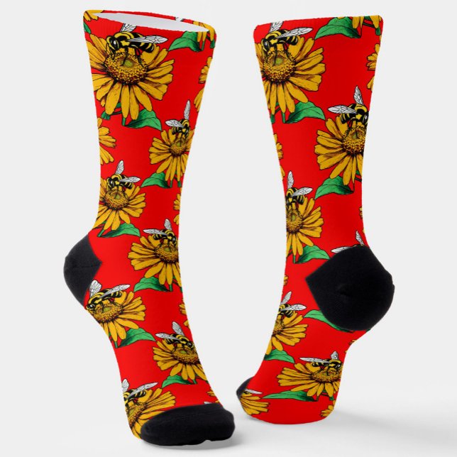 Chaussette Abeille sur Tournesol Fleur Motif Design rouge (Créateur téléchargé)