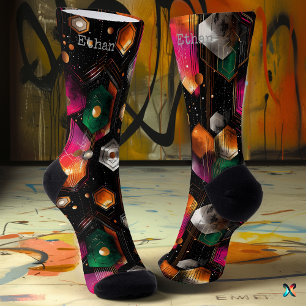Chaussette Abstrait futuriste à Emerald, Orange, sur Black