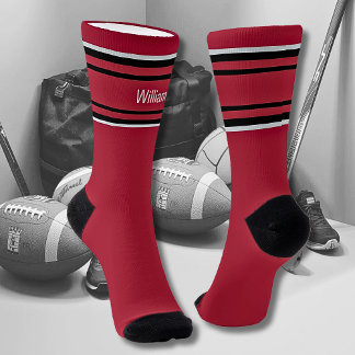 Chaussette Add Name Black & Grey Stripes on Dark Red Socks