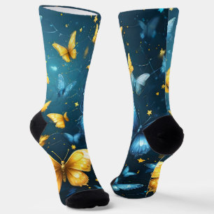 Chaussette Ailes de la joie : Papillons volants bleus et jaun