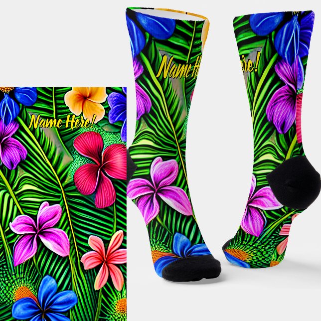 Chaussette Ajouter Nom, Fleurs tropicales stylisées et Feuill (Créateur téléchargé)