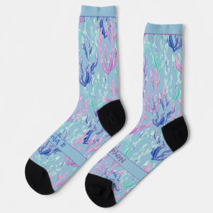 Chaussette Algues colorées, Texte sur fond bleu