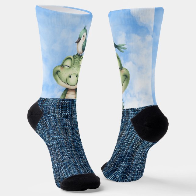Chaussette Alligator souriant et oiseau (Angulaire)