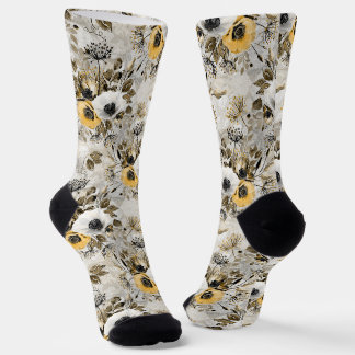 Chaussette Anémones blanches et jaunes sur un fond gris-brun.
