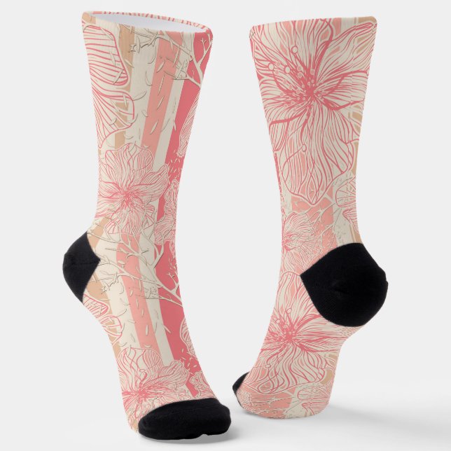 Chaussette Apricot motif à rayures florales rose (Angulaire)