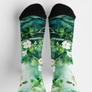 Chaussette Aquarelle botanique Fleurs blanches Feuilles verte