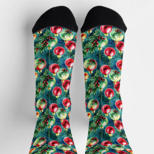 Chaussette Aquarelle ornements de Noël, rouge et vert Turquoi