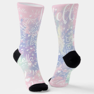 Chaussette Aquarelle rose à bleu Coeurs Étoiles et musique mi