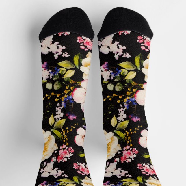Chaussette Aquarelle rose Roses Jaunes Arrière - plan noir (Haut)