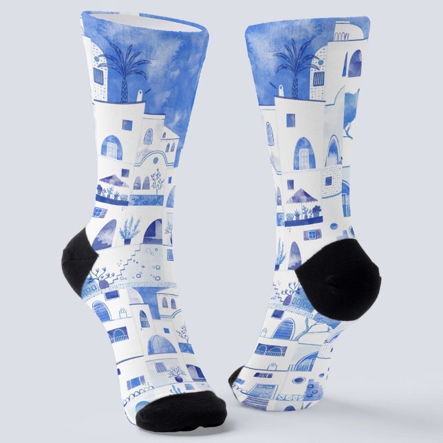Chaussette Aquarelle Santorin Grèce (Créateur téléchargé)