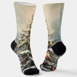 Chaussette Arbre de Noël rustique d'hiver Oiseaux rouges enne