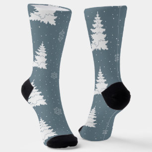 Chaussette Arbres blancs d'hiver sur Arrière - plan bleu somb