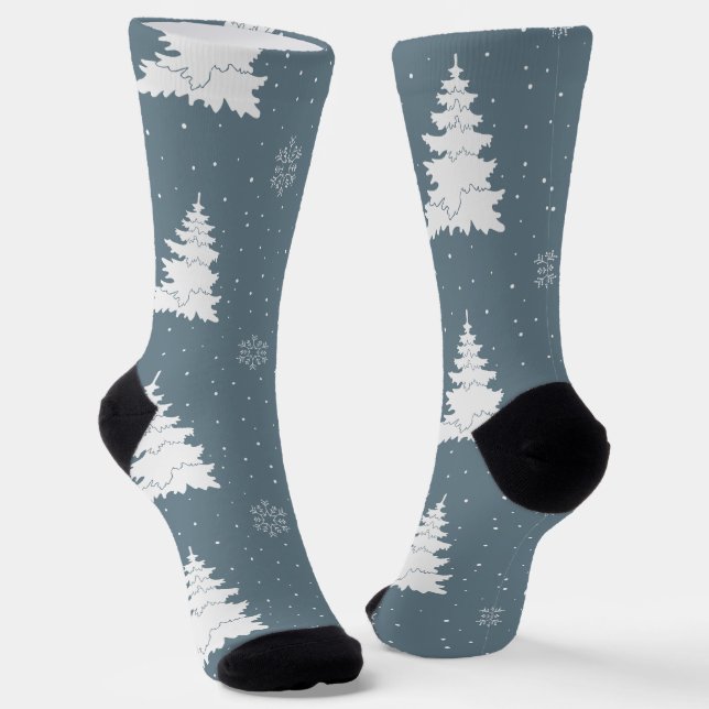 Chaussette Arbres blancs d'hiver sur Arrière - plan bleu somb (Angulaire)