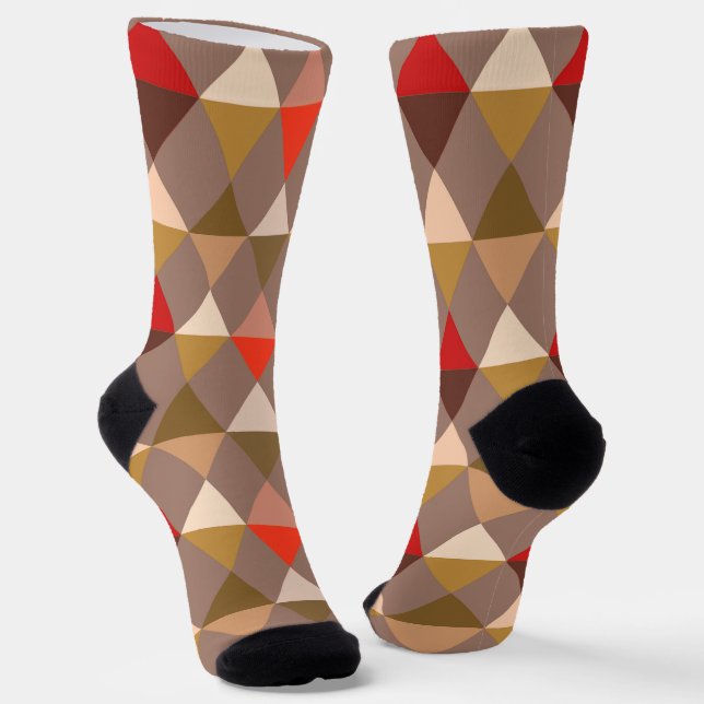 Chaussette Arlequin / motif diamant - Taupe et Rouge (Angulaire)