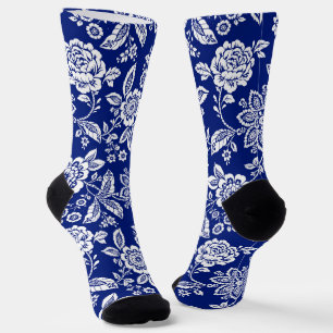 Chaussette Arrière - plan bleu profond et floral blanc