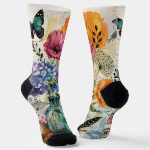 Chaussette Art de collage mixte botanique vibrant