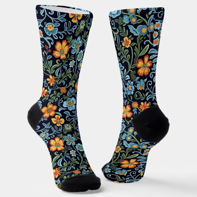 Chaussette Art floral complexe : Fleurs bleues et orange  (Angulaire)