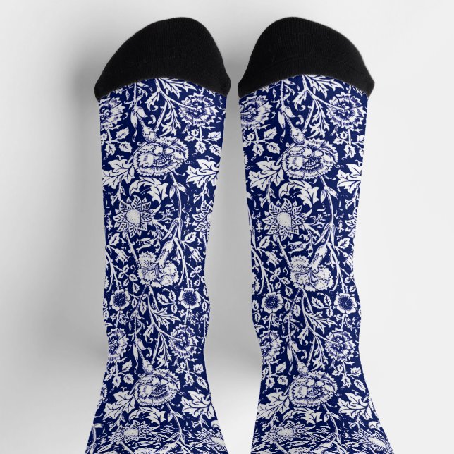 Chaussette Art Nouveau Carnation Damask, Navy Blue and White (Haut)