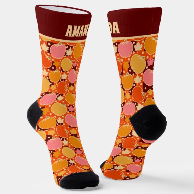 Chaussette Automne Fleurs et Citrouille Boho Orange Plaid (Angulaire)