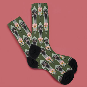 Chaussette Autruche Rose Fleurs Vert Olive Art Déco