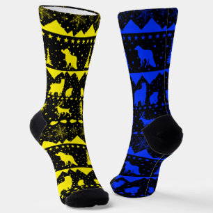 Chaussette Balayage nordique Animaux d'hiver Jaunes et Bleus