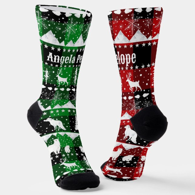 Chaussette Balayage nordique Animaux d'hiver Rouge vert Plaid (Angulaire)