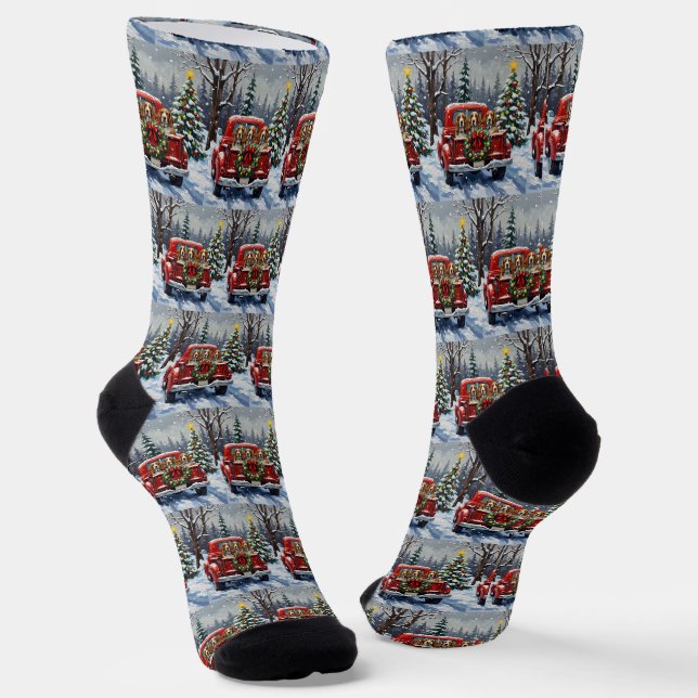 Chaussette Basset Hound Christmas Red Truck Holiday (Angulaire)