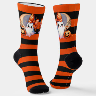Chaussette Belle Fantôme Orange et Bande Noire Halloween