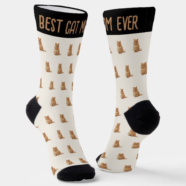 Chaussette Best Cat Mom Ever Pet Photo Pattern Ivory (Angulaire)