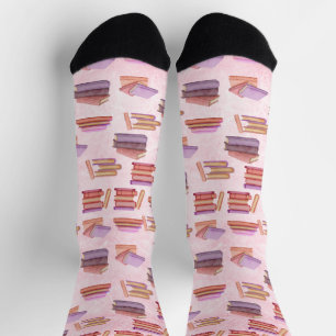 Chaussette Bibliothèque motif de livres d'aquarelle rose et v