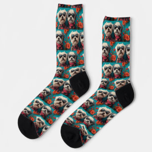Chaussette Bichon Frise avec roses du cœur pour la Saint-Vale