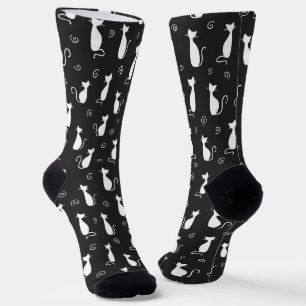 Chaussette Blanc Chat Silhouette Motif Noir