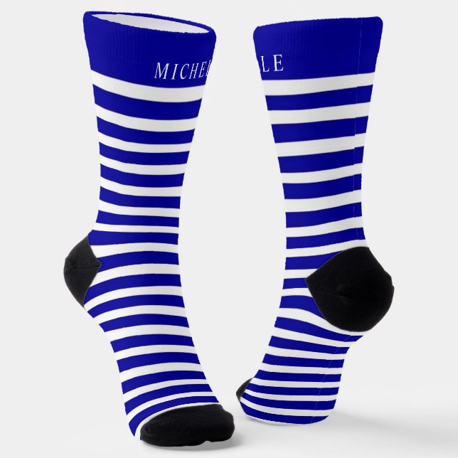 Chaussette Bleu bleu marine Bleu Rétro rayé Nom personnalisé (Angulaire)