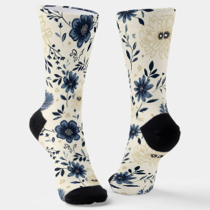 Chaussette Bleu et Crème Art Populaire Floral Prairie