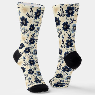 Chaussette Bleu Marine Et Crème Art Populaire Floral Jardin