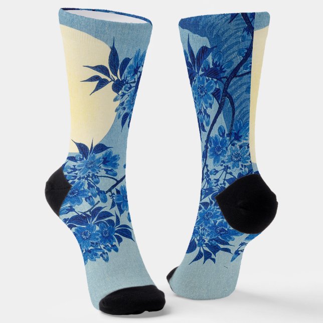 Chaussette Bleu Moonlit Arbre : Japonais Cerisier Fleur Nuit (Angulaire)