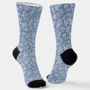 Chaussette Bleu pastel doux et motif floral bohème blanc gris