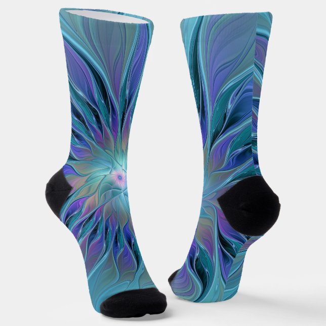 Chaussette Blue Purple Flower Dream Abstrait Fractal Art (Angulaire)