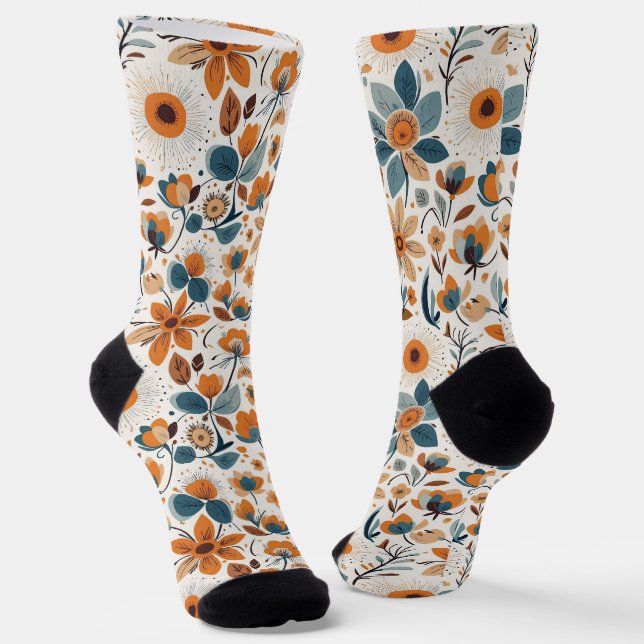Chaussette Boho Folk Art Wildflower Meadow Rust Teal Floral (Angulaire)