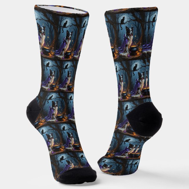 Chaussette Bordure Collie Chien Whimsical Halloween Peinture (Angulaire)