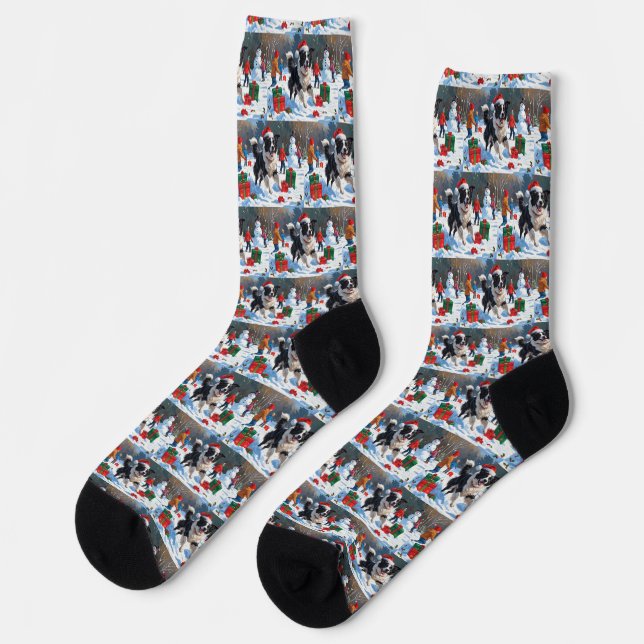 Chaussette Bordure Collie Noël Festive Scène de neige (Gauche)