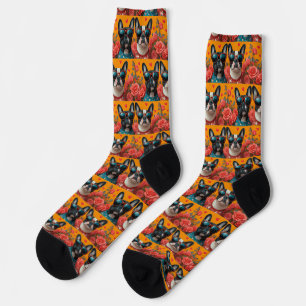 Chaussette Boston Terrier avec coeur Roses Saint-Valentin
