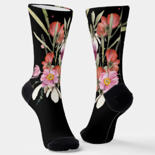 Chaussette Bouquet de fleurs Mariages roses sur noir