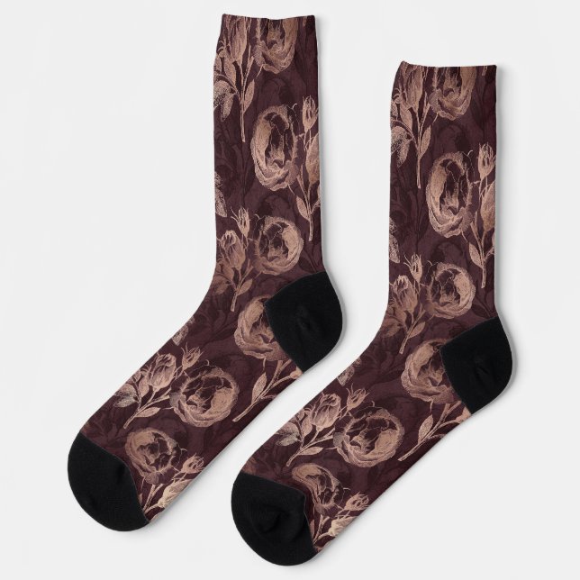 Chaussette Bourgogne et or Rose Vintage Floral (Gauche)