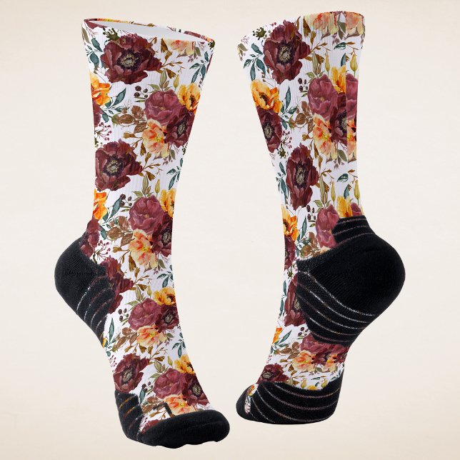 Chaussette Bourgogne Orange Rustique Automne Mariage Floral (Créateur téléchargé)