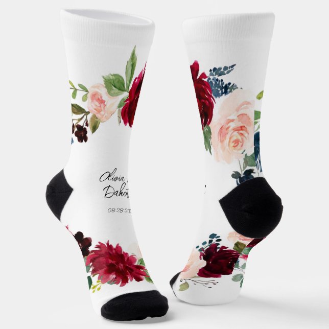 Chaussette Burgundy et marine Aquarelle Floral Mariage Groom (Angulaire)