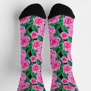 Chaussette Camellias rose Fuchsia et Feuilles verts Jade
