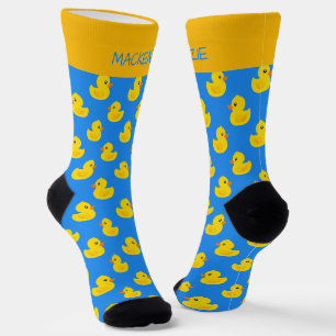 Chaussette Canard jaune mignon sur motif bleu personnalisé