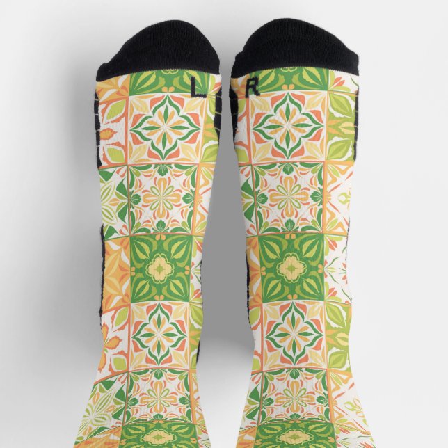 Chaussette Carreaux ornés en vert et jaune (Haut)